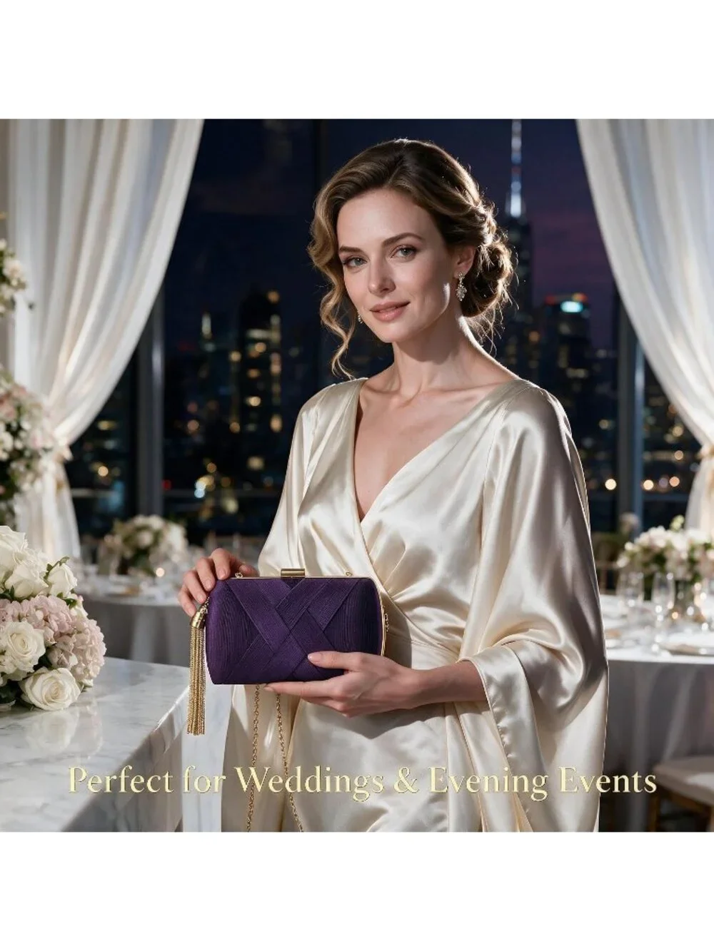 Women's Purple Silk Satin Clutch Purse Pearl Tassel With Chain Evening Bag